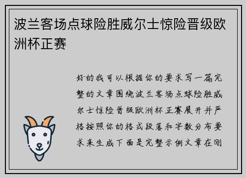 波兰客场点球险胜威尔士惊险晋级欧洲杯正赛 波兰客场点球险胜威尔士惊险晋级欧洲杯正赛